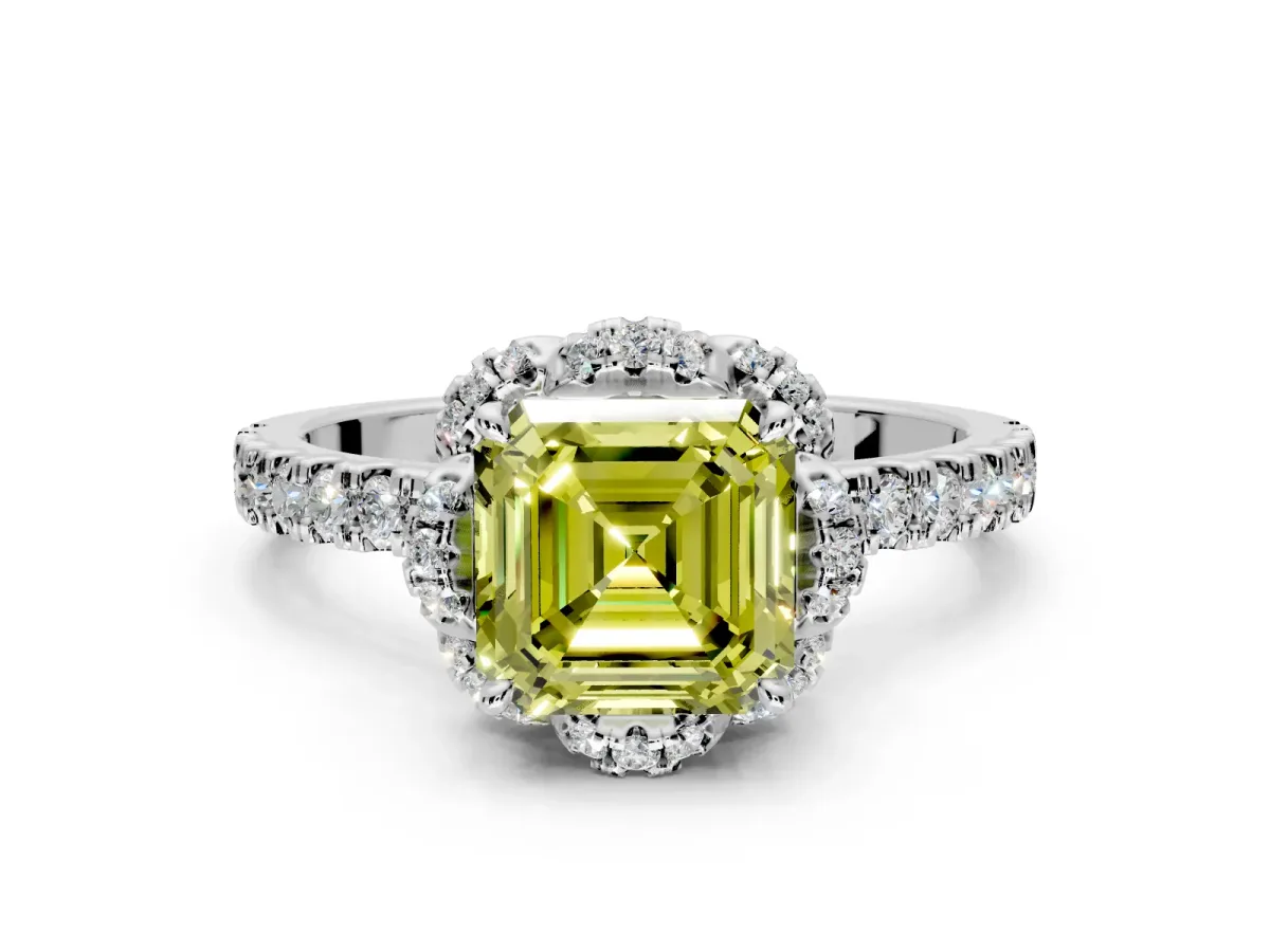Floral Halo Engagement Ring Setting for Fancy Yellow Asscher Cut Center with Pave Band and Prong Head in Platinum