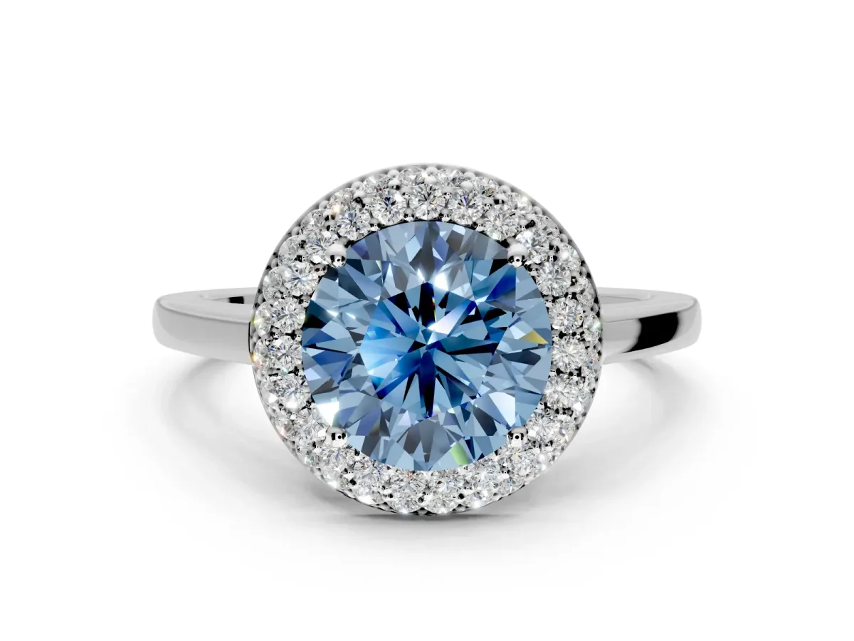 Halo Engagement Ring Setting for Fancy Blue Round Cut Center with Plain Tapered Band and Prong Head in White Gold