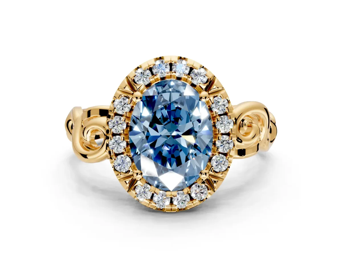Halo Engagement Ring Setting for Fancy Blue Oval Center with Open Scroll Shoulders and Prong Head in Yellow Gold
