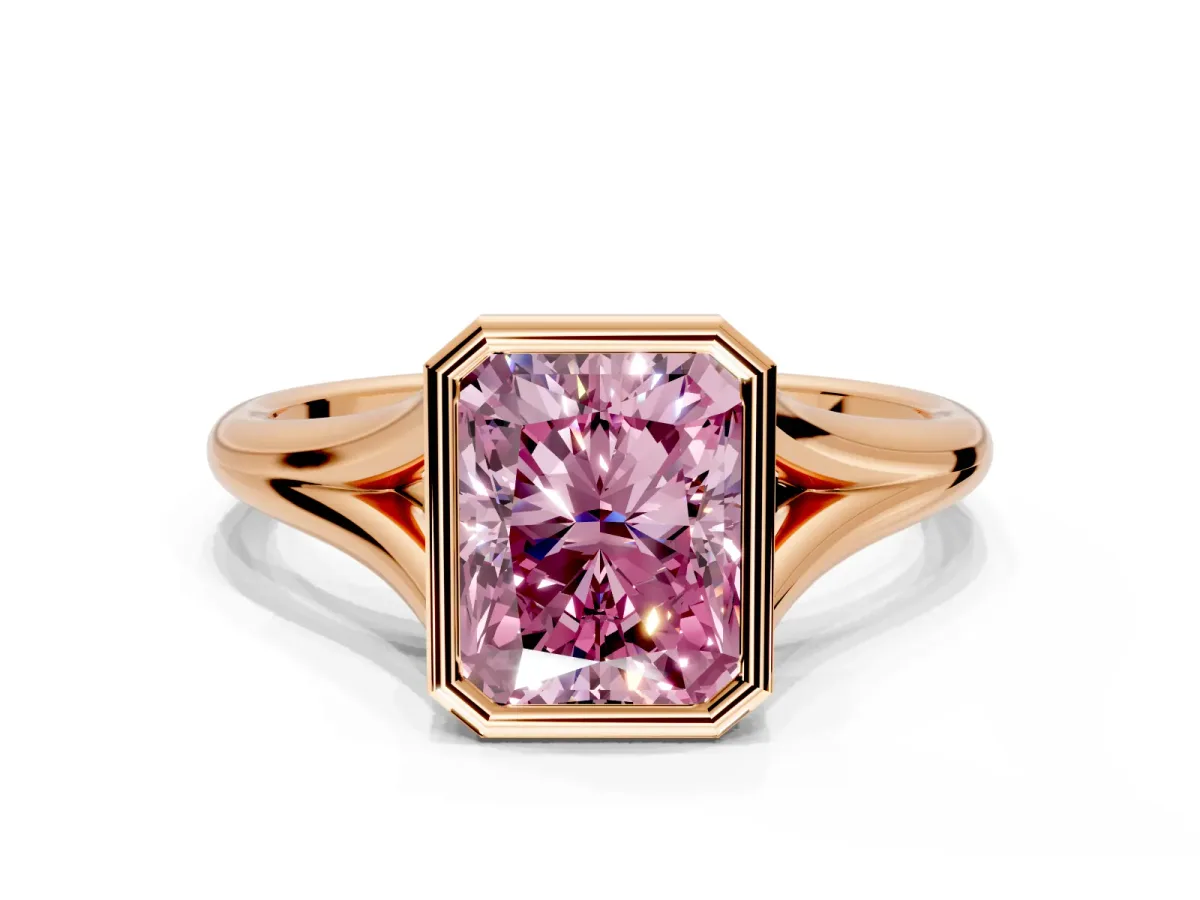 Solitaire Engagement Ring Setting for Fancy Pink Radiant Cut Center with V Split Shank and Bezel Head in Rose Gold