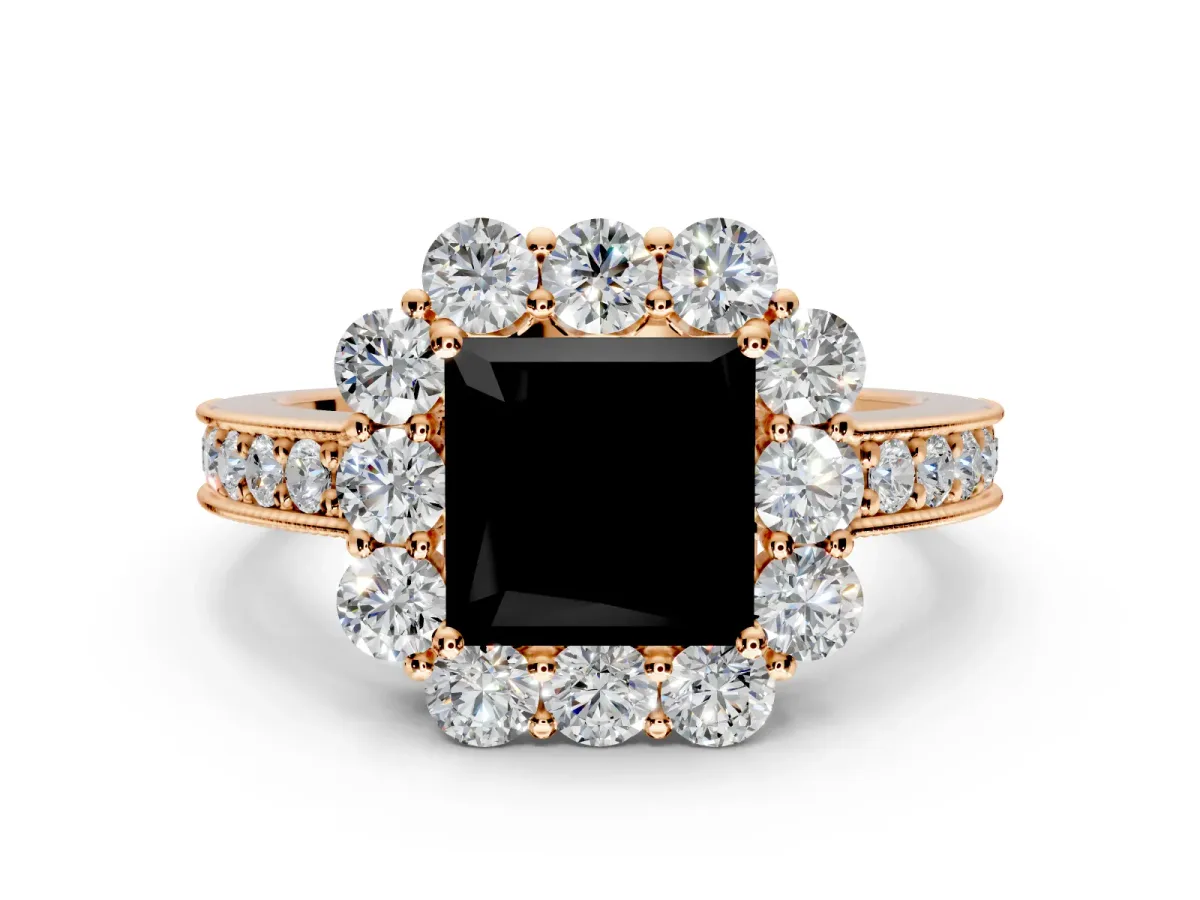 Halo Engagement Ring Setting for Fancy Black Princess Cut Center with Milgrain Channel Band and Prong Head in Rose Gold
