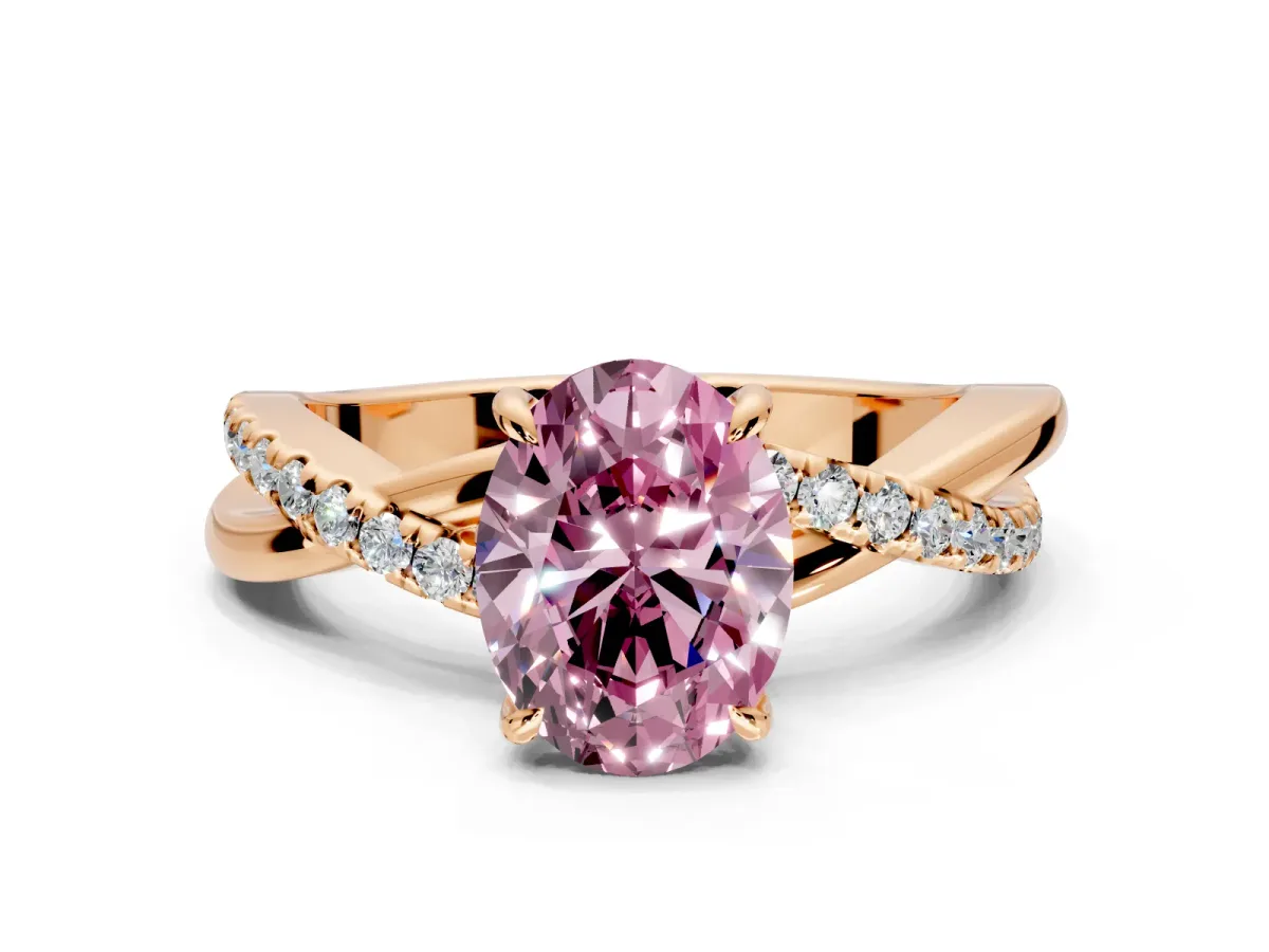 Crossover Engagement Ring Setting for Fancy Pink Oval Center with Pave and Plain Strands and Prong Head in Rose Gold