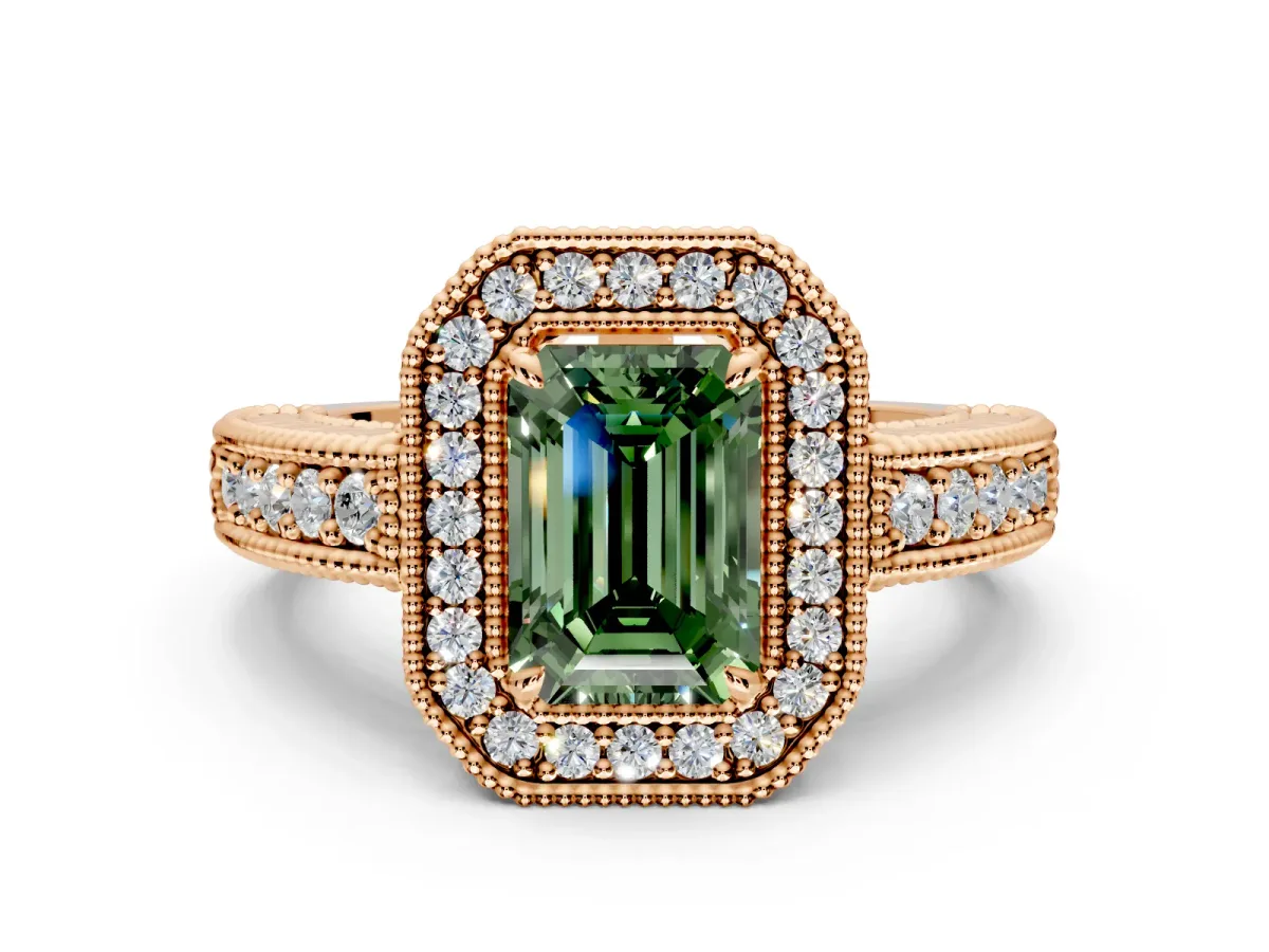 Milgrain Halo Engagement Ring Setting for Fancy Green Emerald Cut Center with Pave Band and Prong Head in Rose Gold
