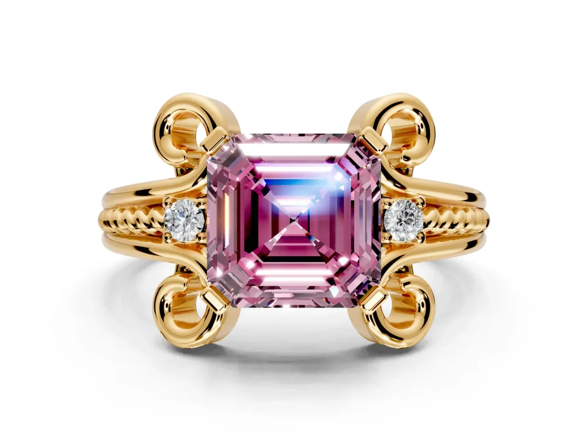 Solitaire Engagement Ring Setting for Fancy Pink Asscher Cut Center with Twisted Band and Scroll Prong Head in Yellow Gold
