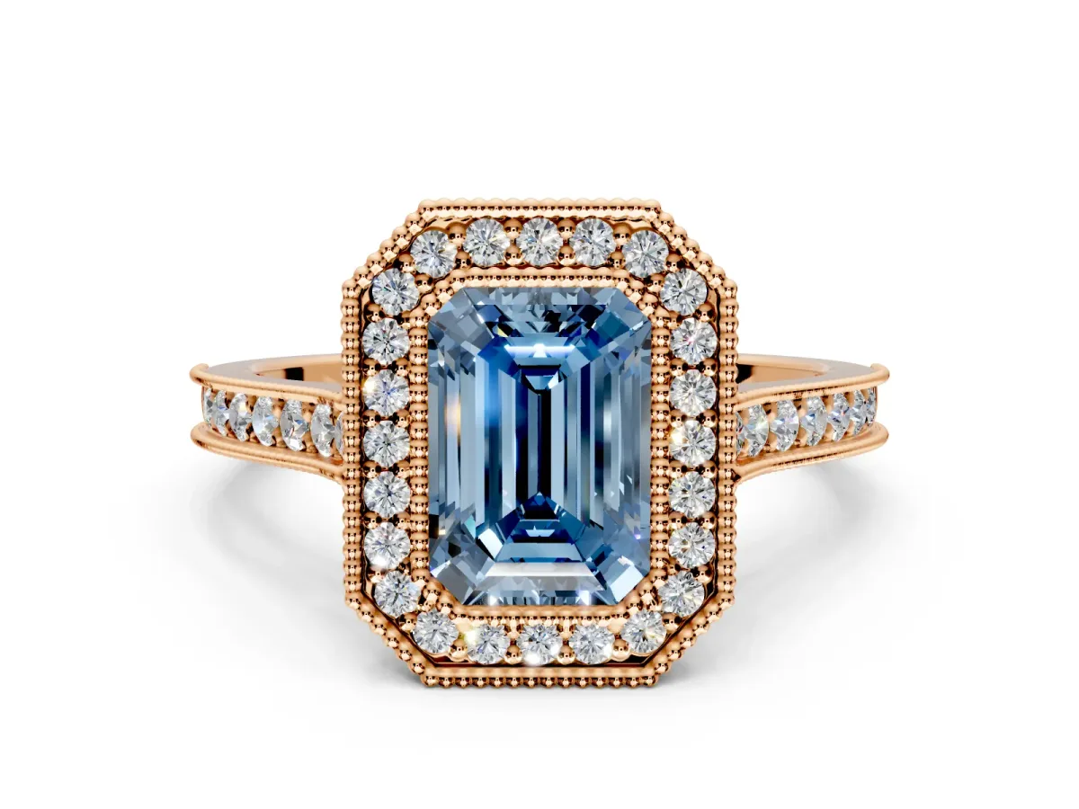 Halo Engagement Ring Setting for Fancy Blue Emerald Cut Center with Milgrain Pave Band and Bezel Head in Rose Gold