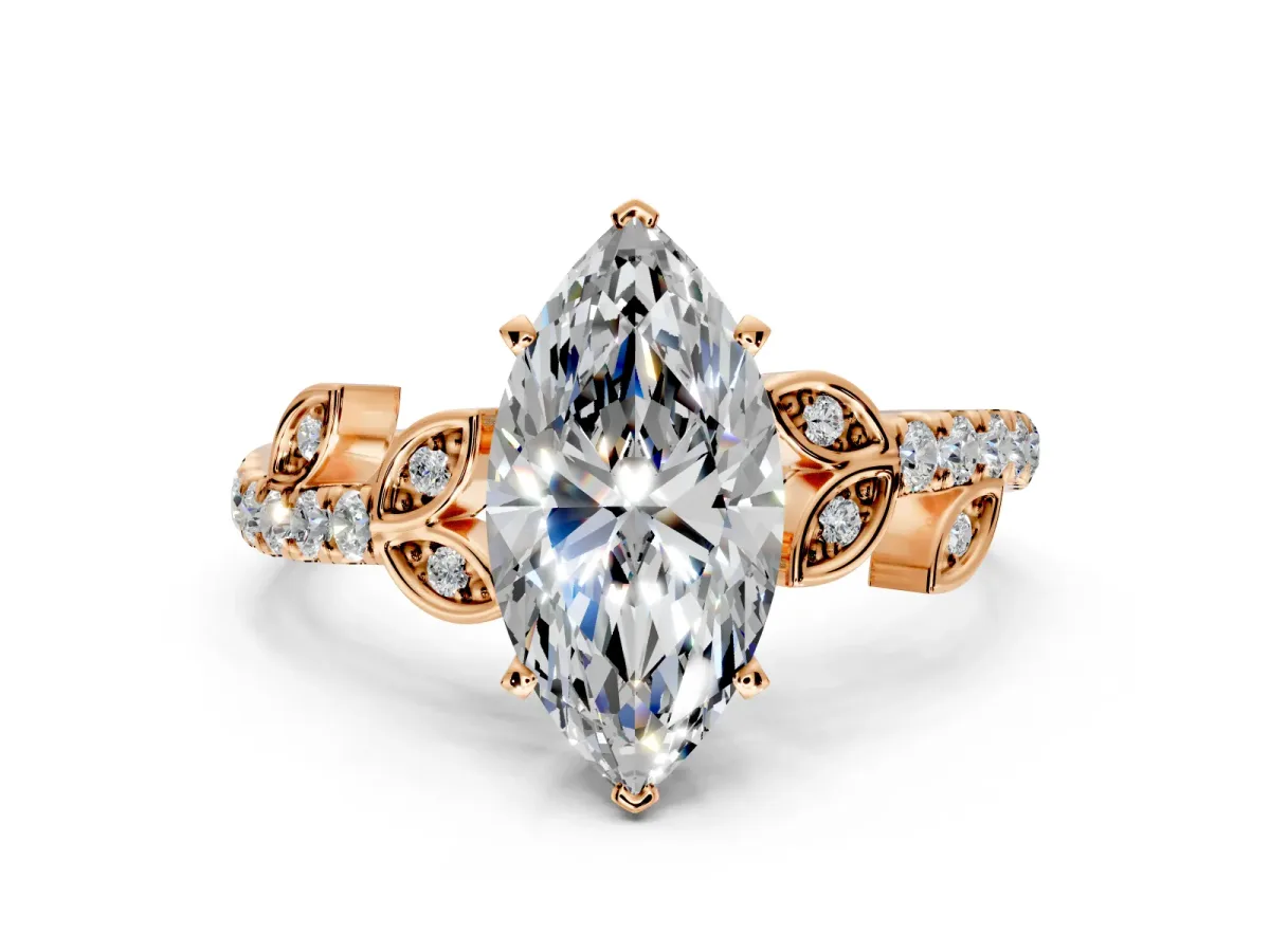 Leaf Motif Engagement Ring Setting for Marquise Center with Pave Band and Prong Head in Rose Gold