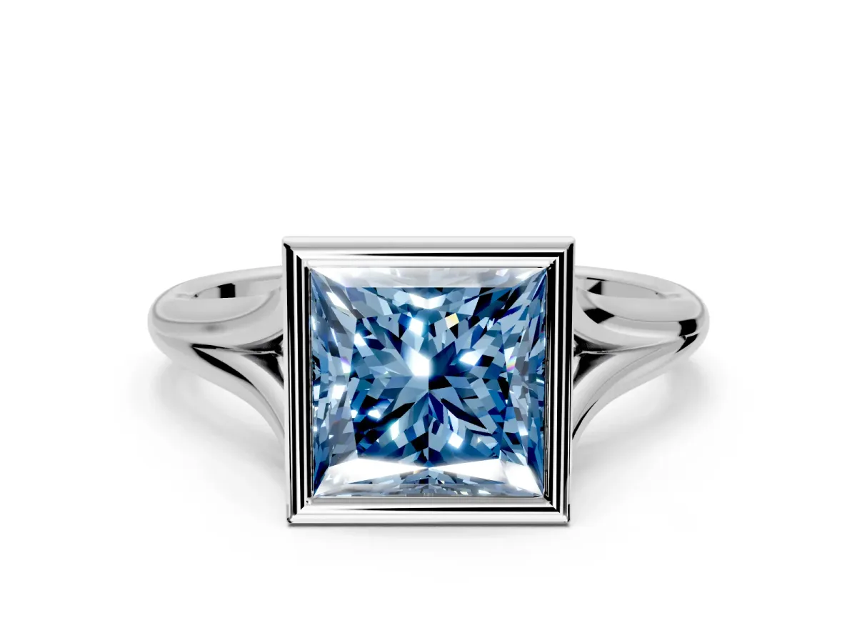 Solitaire Engagement Ring Setting for Fancy Blue Princess Cut Center with V Split Shank and Bezel Head in Platinum