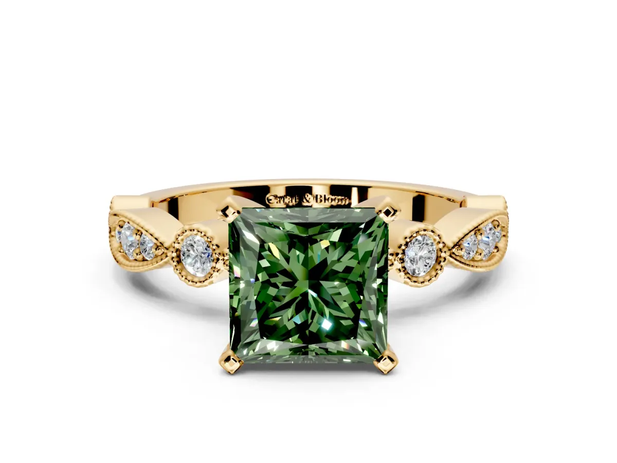 Solitaire Engagement Ring Setting for Fancy Green Princess Cut Center with Milgrain Bezel Accents and Prong Head in Yellow Gold