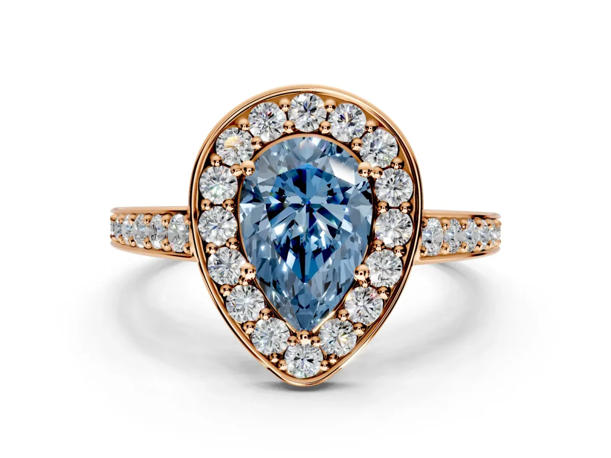 Bezel-Framed Halo Engagement Ring Setting for Fancy Blue Pear-Shaped Center with Pave Band and Prong Head in Rose Gold