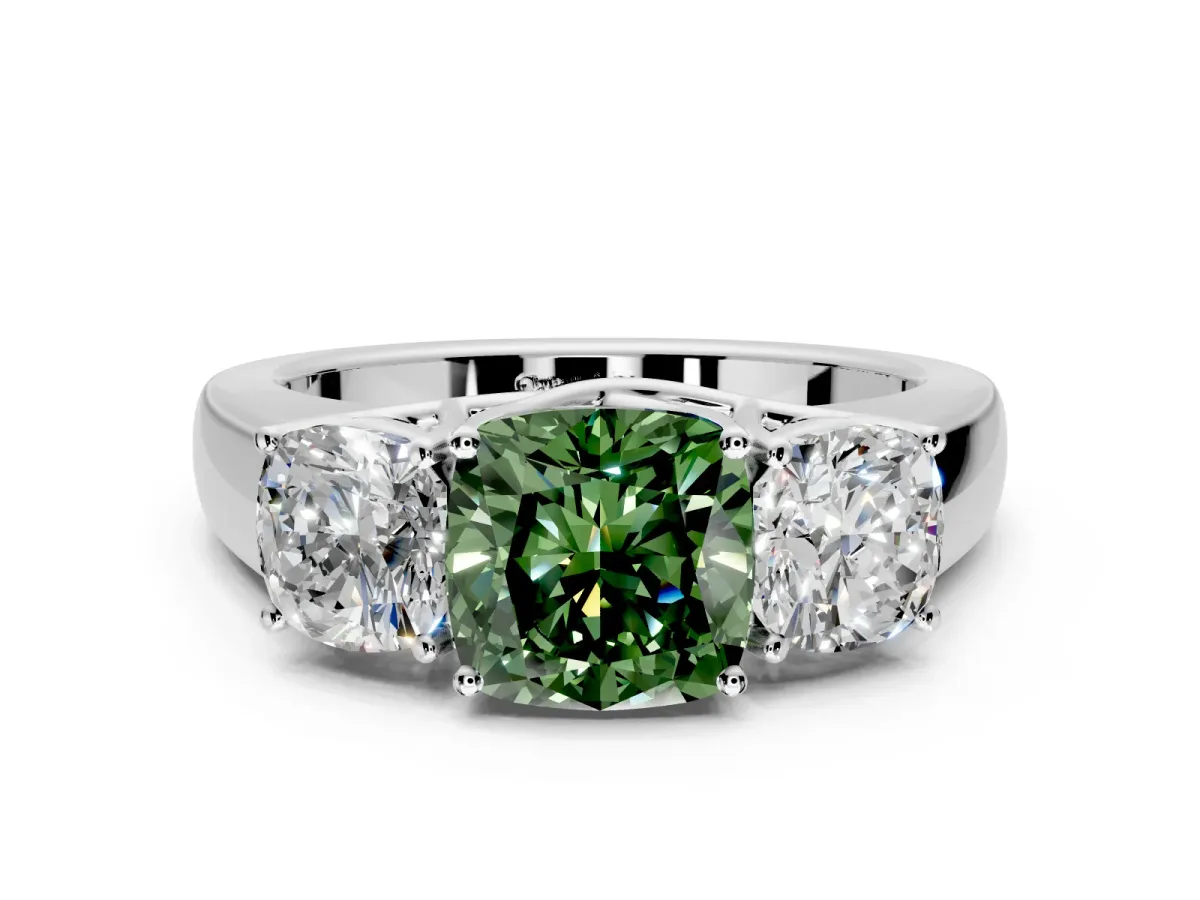 3 Stone Engagement Ring Setting for Fancy Green Cushion Cut Center with Raised Basket Heads and Prong Head in Sterling Silver