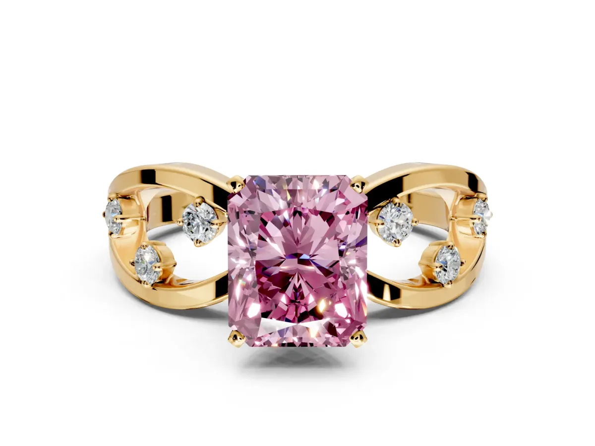 Solitaire Engagement Ring Setting for Fancy Pink Radiant Cut Center with Criss-Cross Accent Band and Prong Head in Yellow Gold