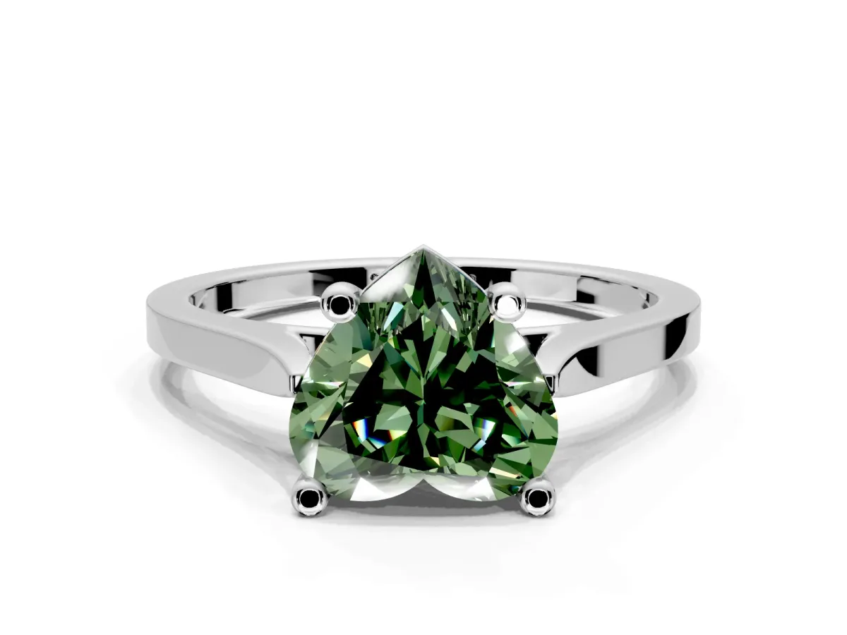 Solitaire Engagement Ring Setting for Fancy Green Heart-Shaped Center with Tapered Shoulders and Prong Head in White Gold