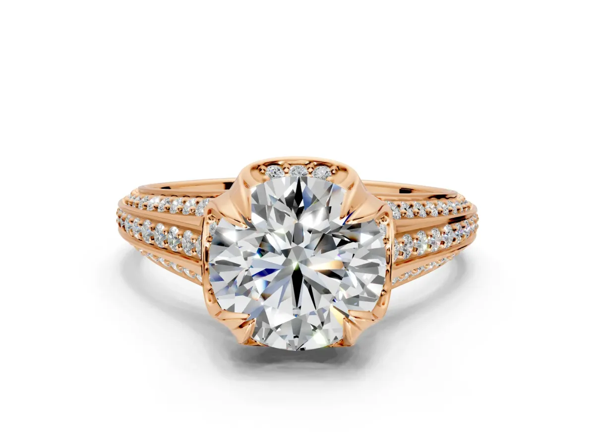 Solitaire Engagement Ring Setting for Round Cut Center with Accented Split Shank and Prong Head in Rose Gold