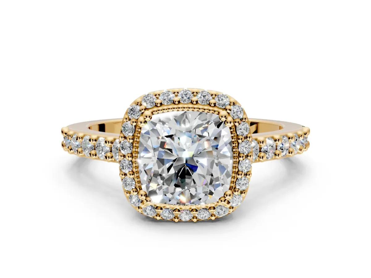 Halo Engagement Ring Setting for Cushion Cut Center with Inner Milgrain Border and Prong Head in Yellow Gold