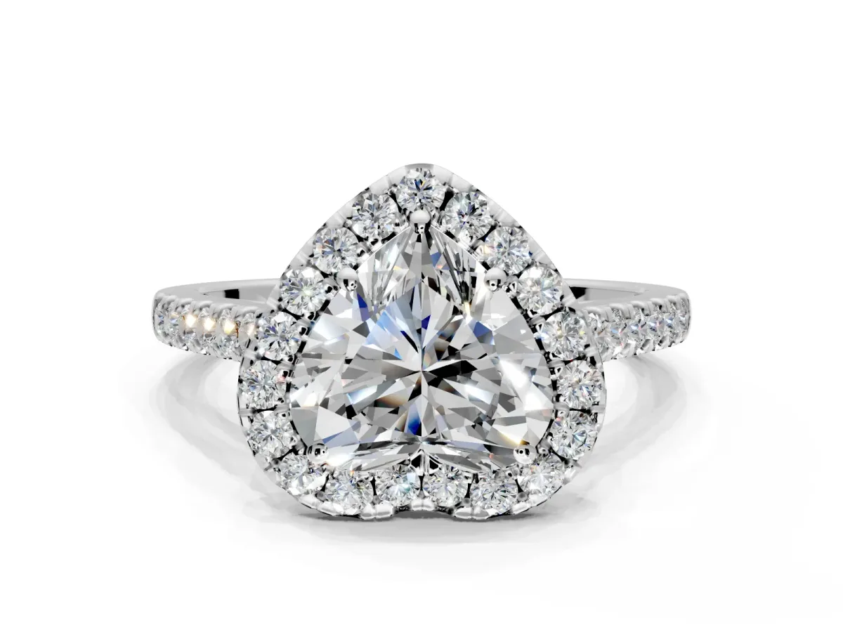 Halo Engagement Ring Setting for Heart-Shaped Center with Narrowing Pave Band and Prong Head in Platinum