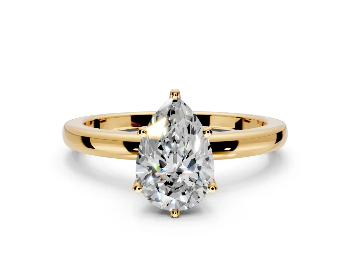 Solitaire Engagement Ring Setting for Pear-Shaped Center with Plain Band and Tulip Prong Head in Yellow Gold