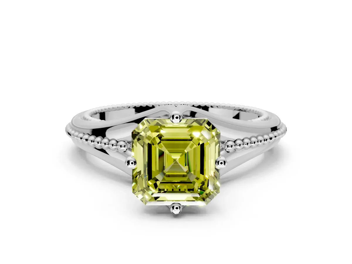 Solitaire Engagement Ring Setting for Fancy Yellow Asscher Cut Center with Milgrain Cathedral Band and Prong Head in Platinum