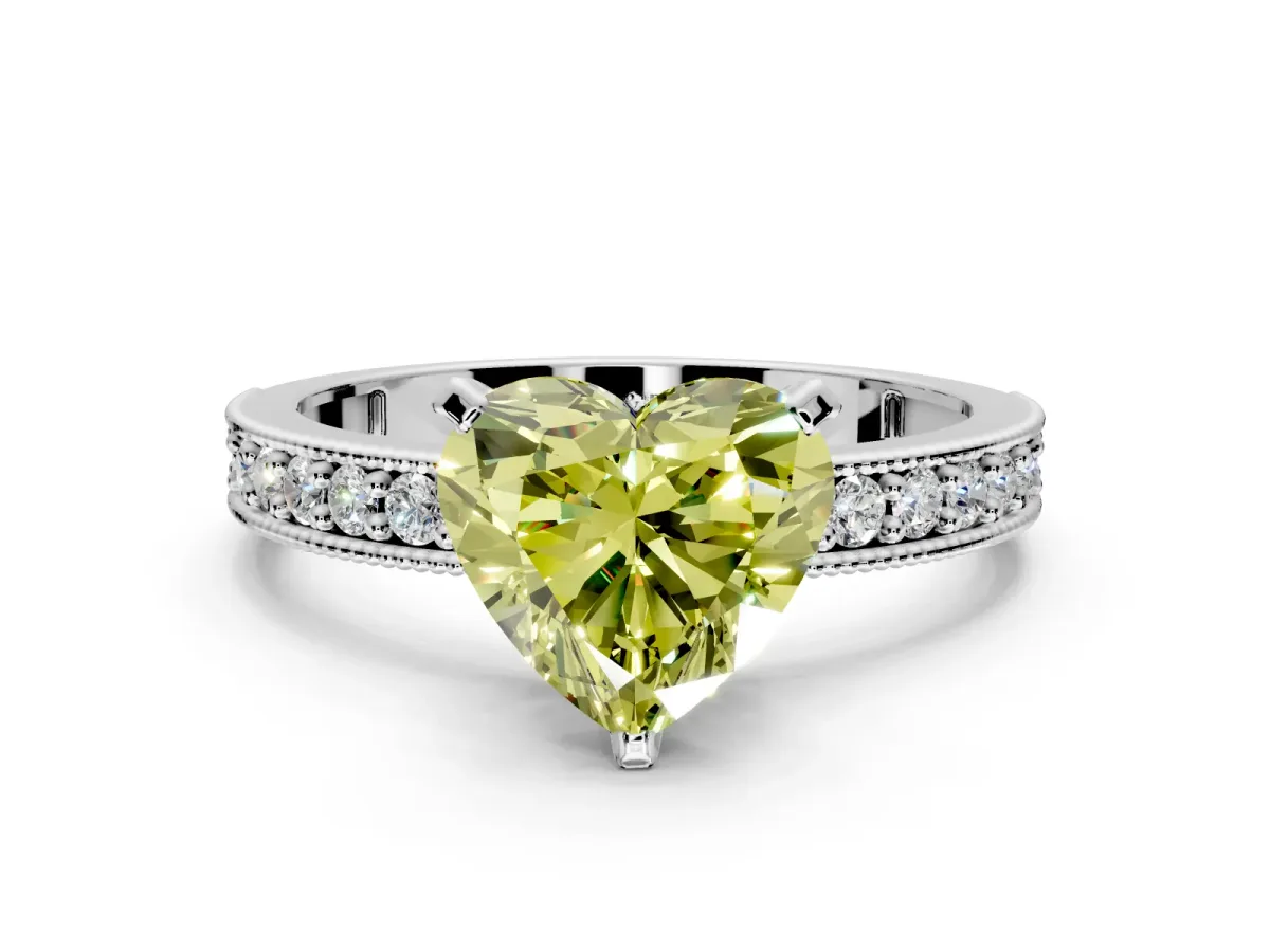 Milgrain Pave Engagement Ring Setting for Fancy Yellow Heart-Shaped Center with Accent Band and Prong Head in Sterling Silver