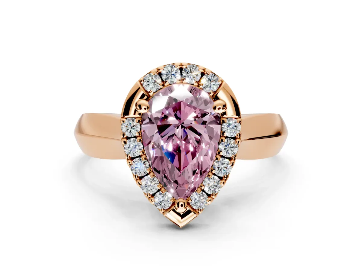 Halo Engagement Ring Setting for Fancy Pink Pear-Shaped Center with Square Band and Prong Head in Rose Gold