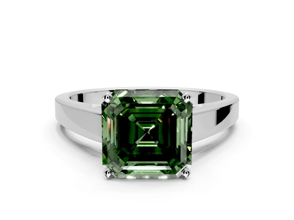 Solitaire Engagement Ring Setting for Fancy Green Asscher Cut Center with Tapered Split Shoulders and Prong Head in Sterling Silver