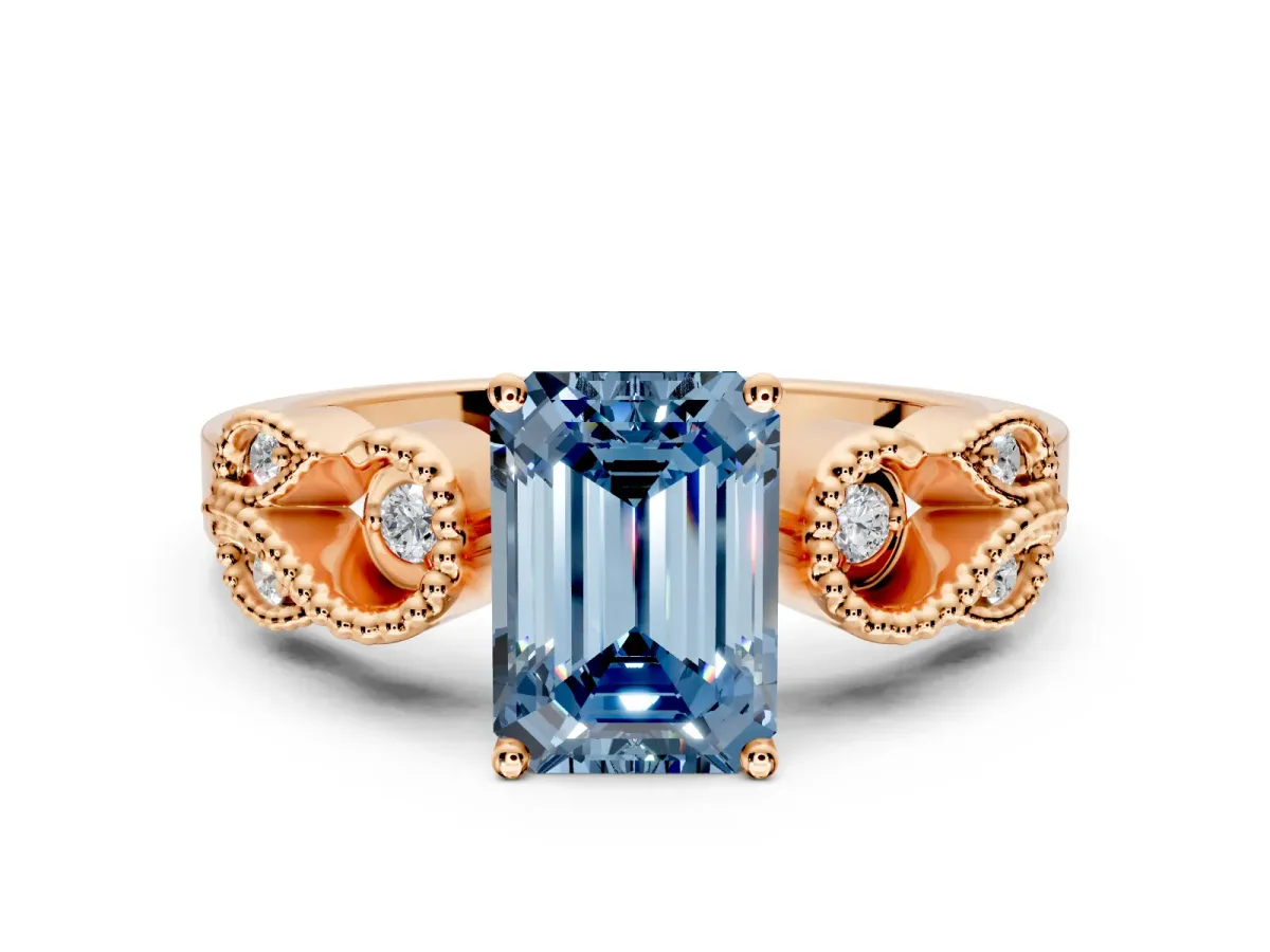 Leaf Engagement Ring Setting for Fancy Blue Emerald Cut Center with Milgrain Accent Band and Prong Head in Rose Gold