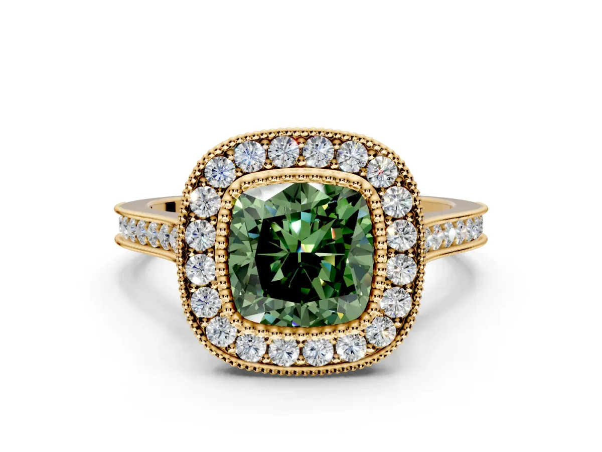 Halo Engagement Ring Setting for Fancy Green Cushion Cut Center with Milgrain Frame, Pave Band and Prong Head in Yellow Gold