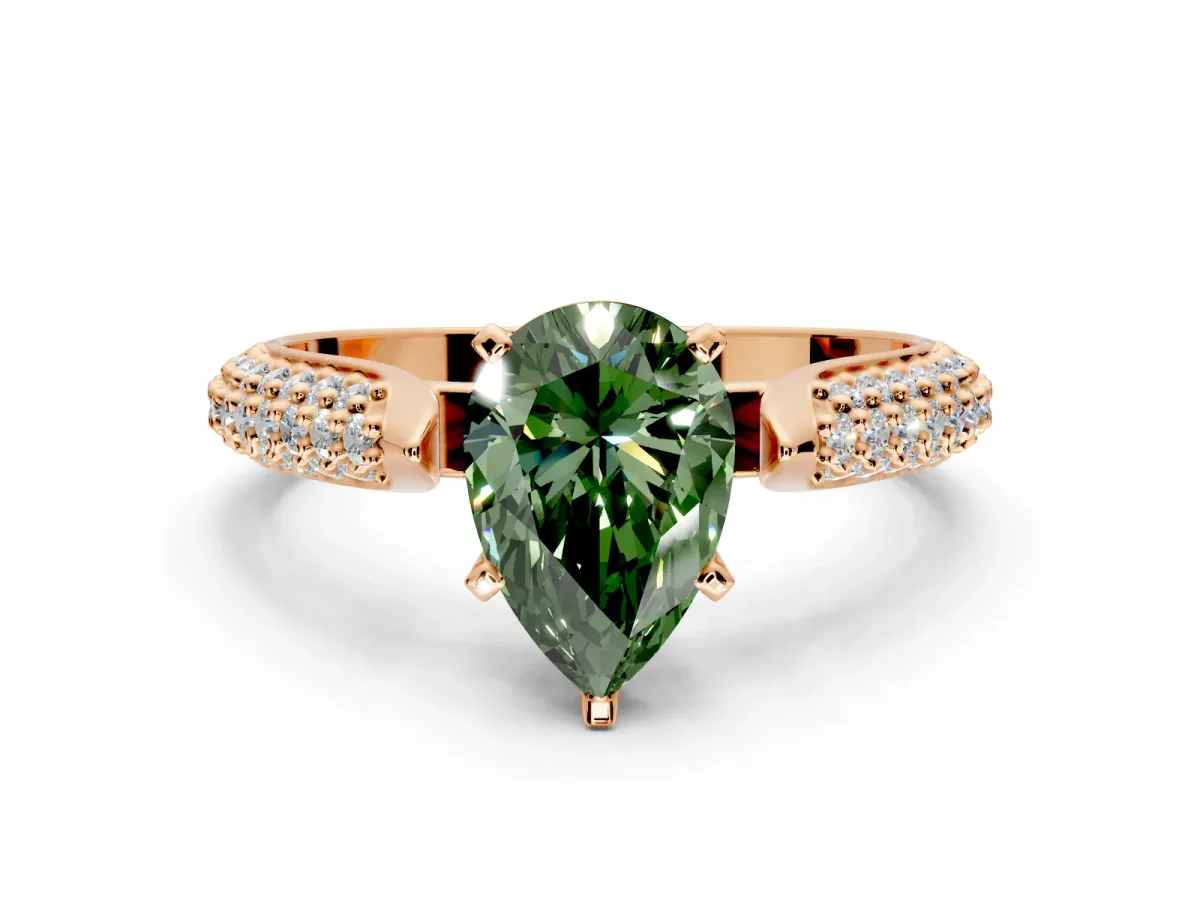 Solitaire Engagement Ring Setting for Fancy Green Pear-Shaped Center with Multi-Row Accents and Prong Head in Rose Gold