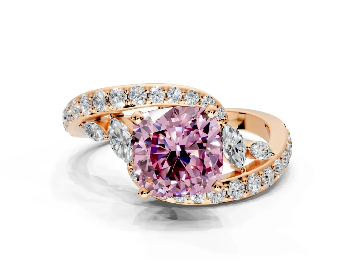 Solitaire Engagement Ring Setting for Fancy Pink Cushion Cut Center with Pave Bypass Twist Band and Prong Head in Rose Gold