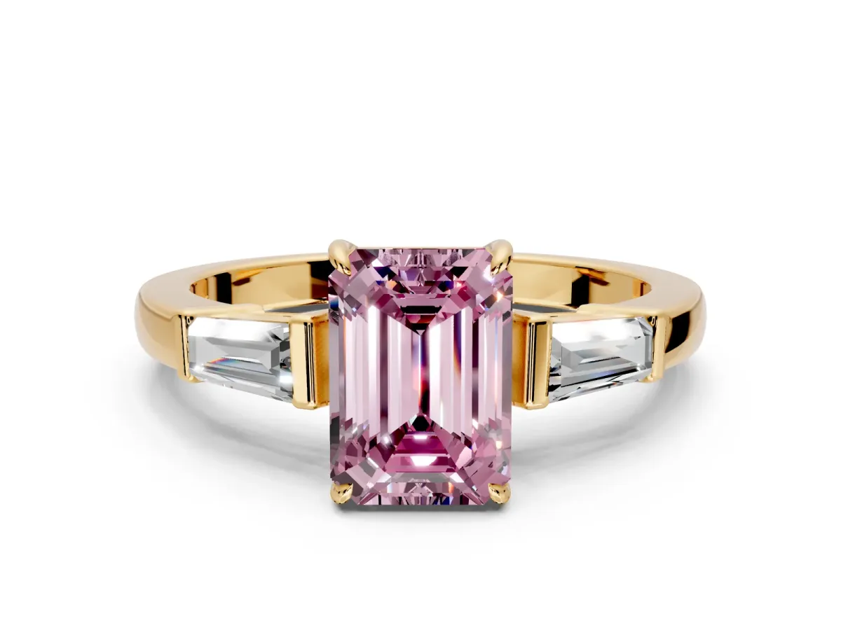 3 Stone Engagement Ring Setting for Fancy Pink Emerald Cut Center with Baguette Accents and Prong Head in Yellow Gold