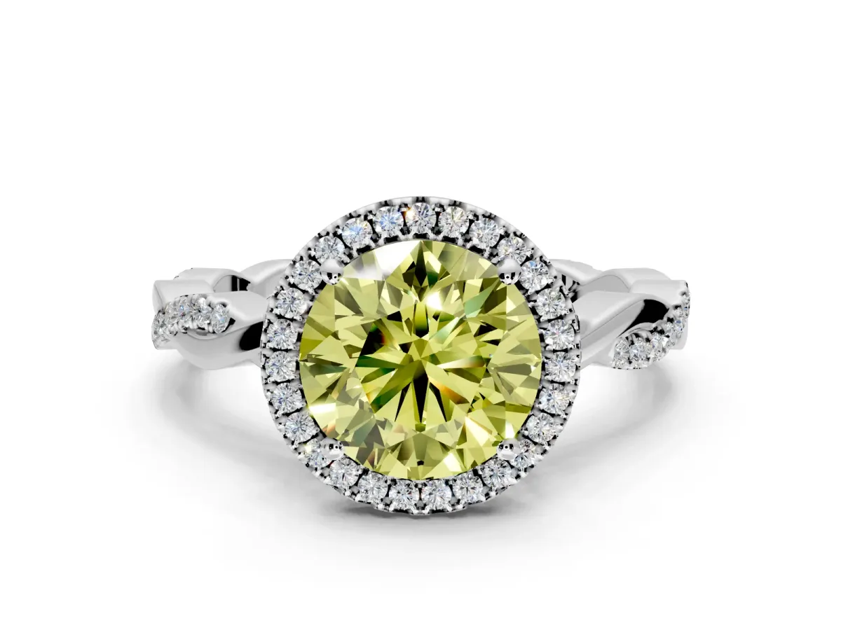 Halo Engagement Ring Setting for Fancy Yellow Round Cut Center with Pave and Plain Twist Band and Prong Head in Platinum