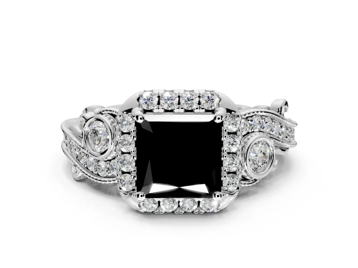 Bypass Halo Engagement Ring Setting for Fancy Black Princess Cut Center with Bezel Accents, Milgrain and Prong Head in Platinum