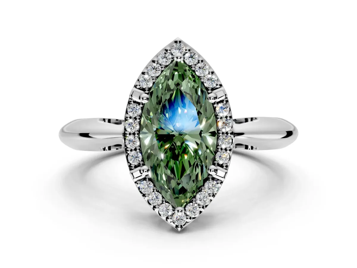 Halo Engagement Ring Setting for Fancy Green Marquise Center with Tapered Plain Band and Prong Head in White Gold