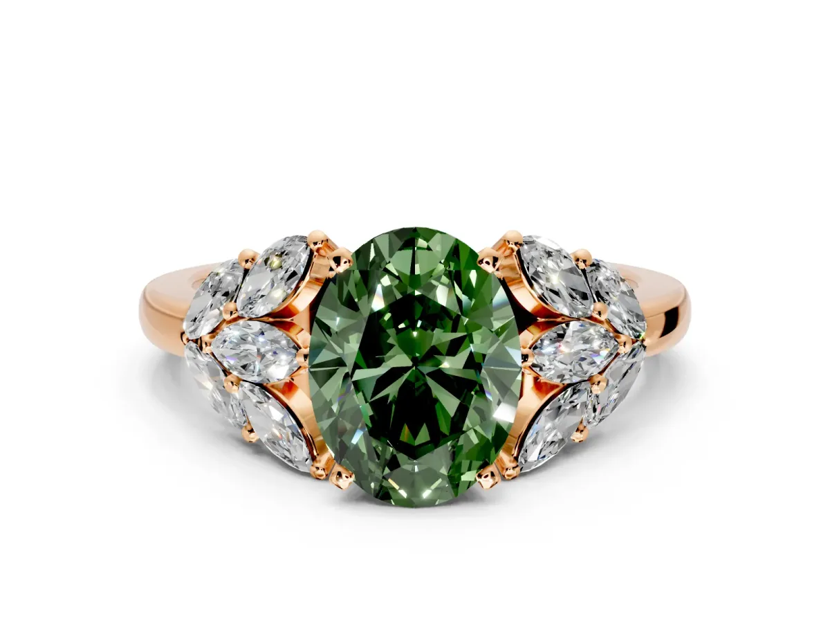 Leaf Cluster Engagement Ring Setting for Fancy Green Oval Center with Marquise Accents and Prong Head in Rose Gold