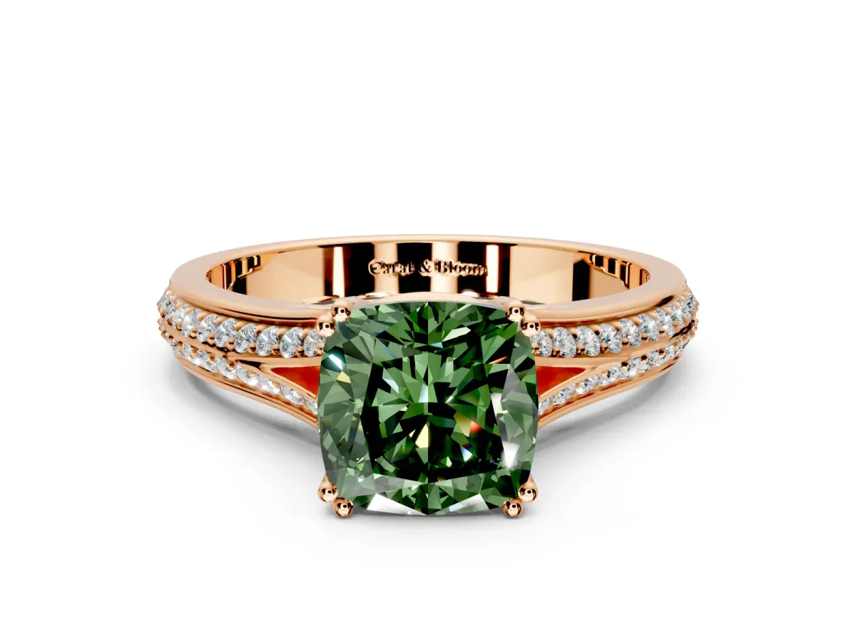 Solitaire Engagement Ring Setting for Fancy Green Cushion Cut Center with Pave Rail Split Shank and Prong Head in Rose Gold