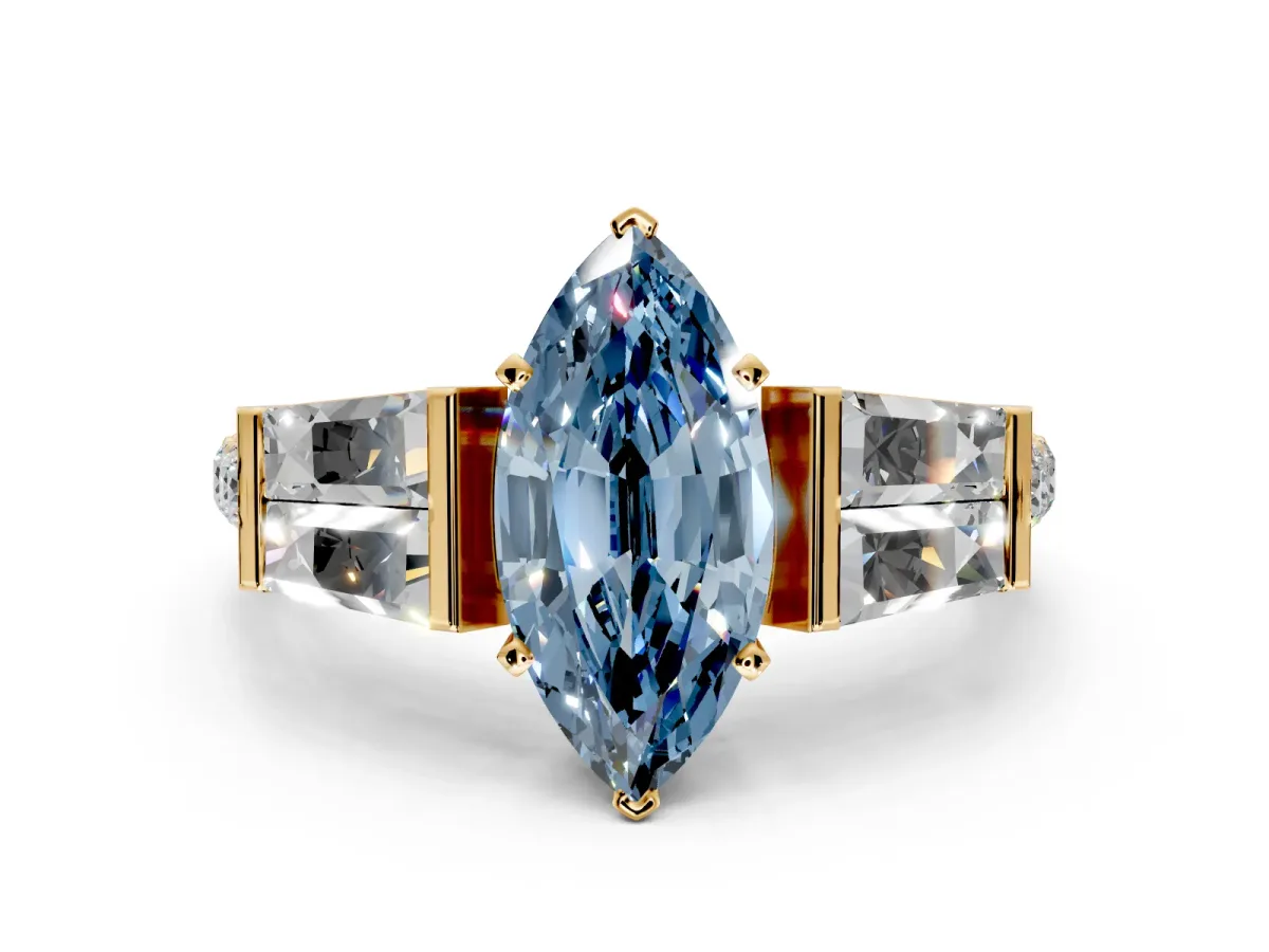 Channel-Set Engagement Ring Setting for Fancy Blue Marquise Center with Baguette Band and Prong Head in Yellow Gold