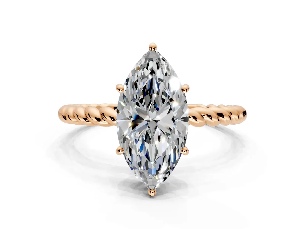 Solitaire Engagement Ring Setting for Marquise Center with Plain Twisted Rope Band and Prong Head in Rose Gold