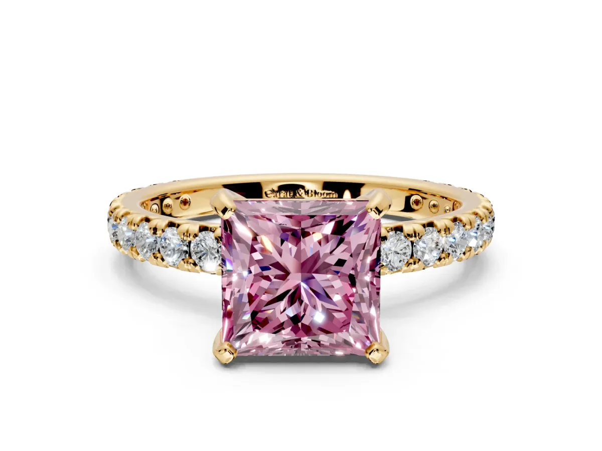 Solitaire Engagement Ring Setting for Fancy Pink Princess Cut Center with Shared-Prong Accents and Prong Head in Yellow Gold