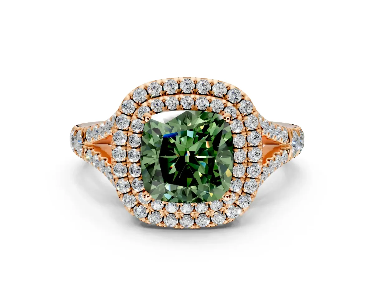 Double Halo Engagement Ring Setting for Fancy Green Cushion Cut Center with Narrow Pave Split Shank and Prong Head in Rose Gold