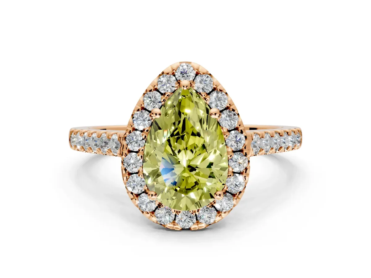 Halo Engagement Ring Setting for Fancy Yellow Pear-Shaped Center with Narrowing Pave Band and Prong Head in Rose Gold