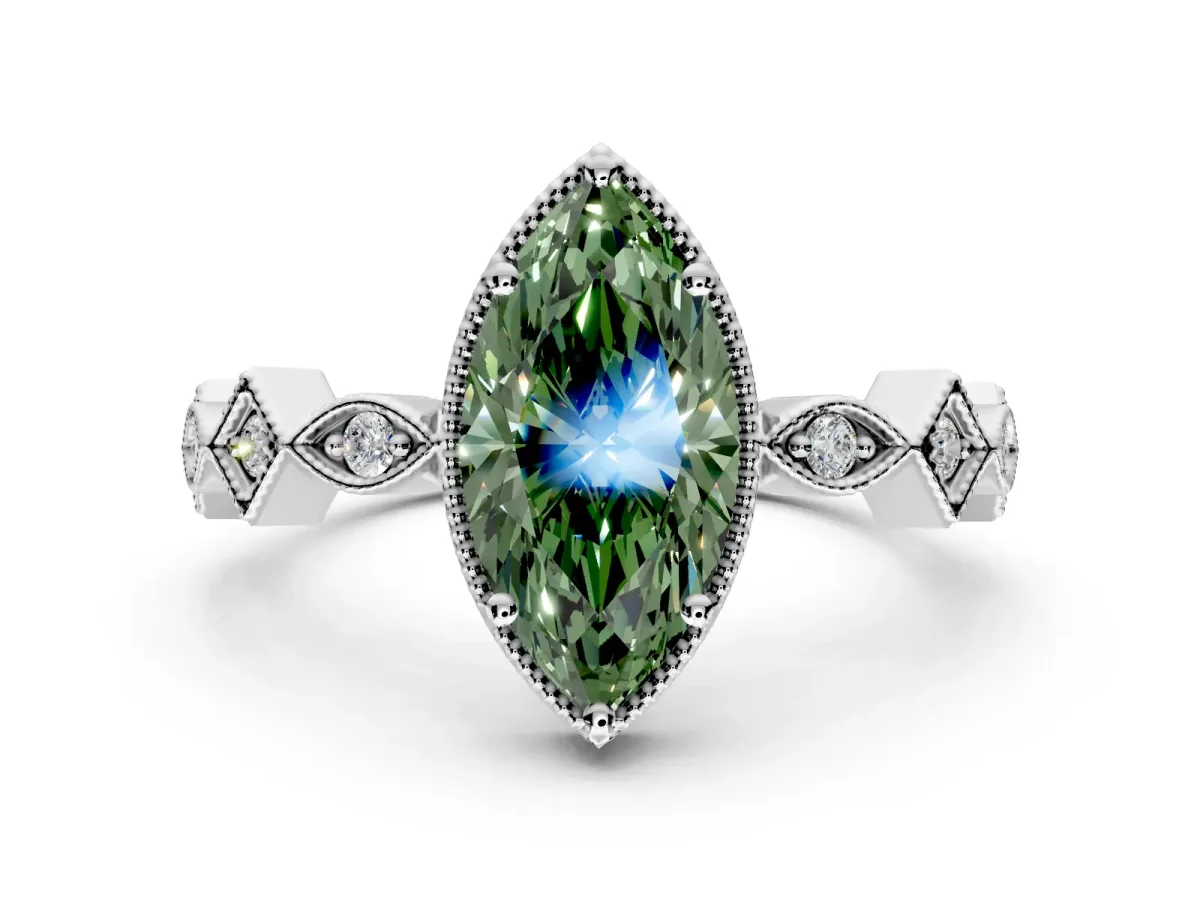 Milgrain Bezel Engagement Ring Setting for Fancy Green Marquise Center with Marquise Stations and Bezel Head in Sterling Silver
