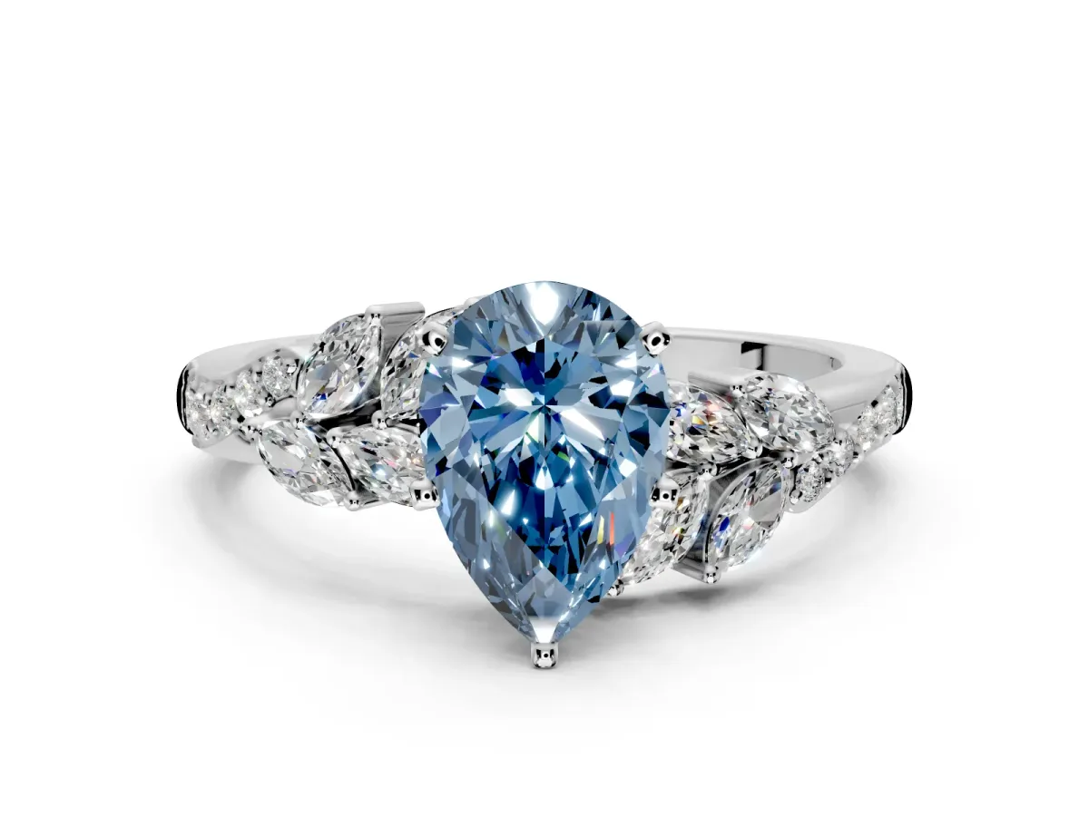 Solitaire Engagement Ring Setting for Fancy Blue Pear-Shaped Center with Marquise Accent Twist Band and Prong Head in White Gold