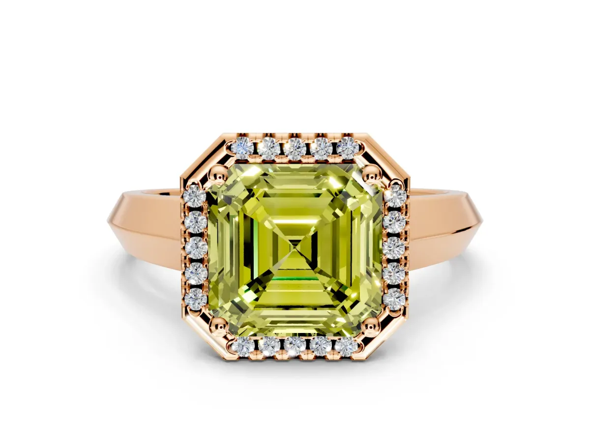 Halo Engagement Ring Setting for Fancy Yellow Asscher Cut Center with Knife Ridge Cathedral Band and Prong Head in Rose Gold