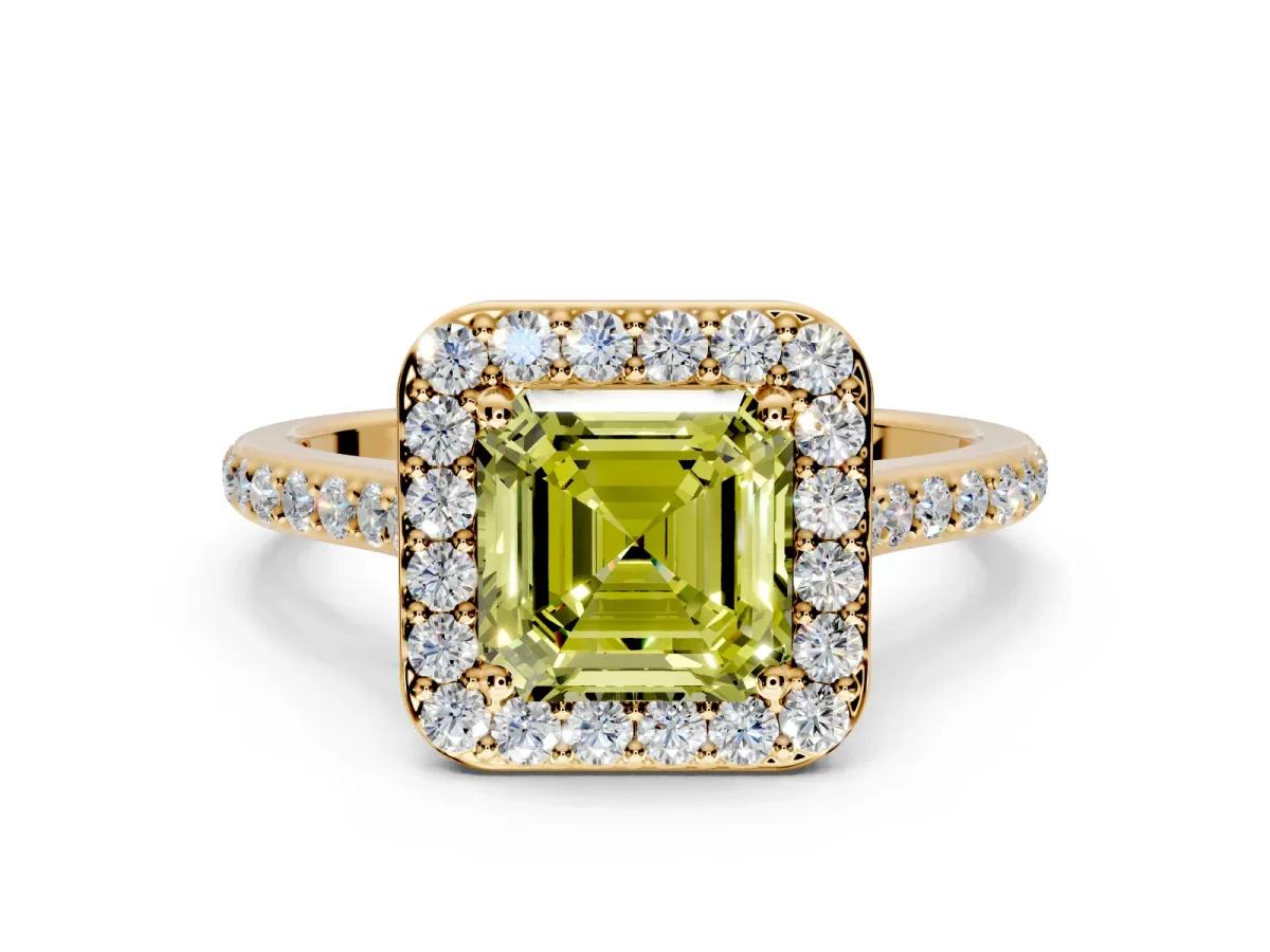 Halo Engagement Ring Setting for Fancy Yellow Asscher Cut Center with Pave Accents, Heart Basket and Prong Head in Yellow Gold