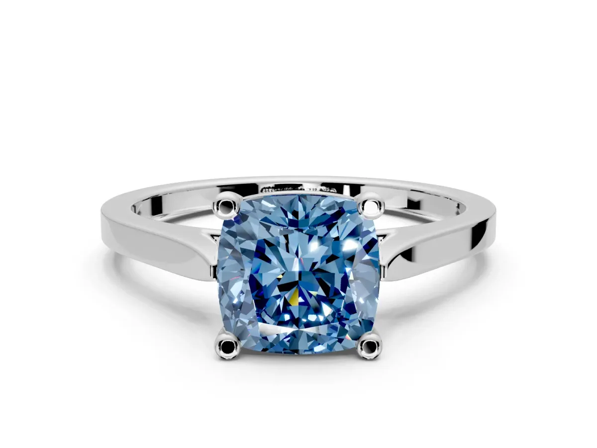 Solitaire Engagement Ring Setting for Fancy Blue Cushion Cut Center with Tapered Shoulders and Prong Head in Platinum