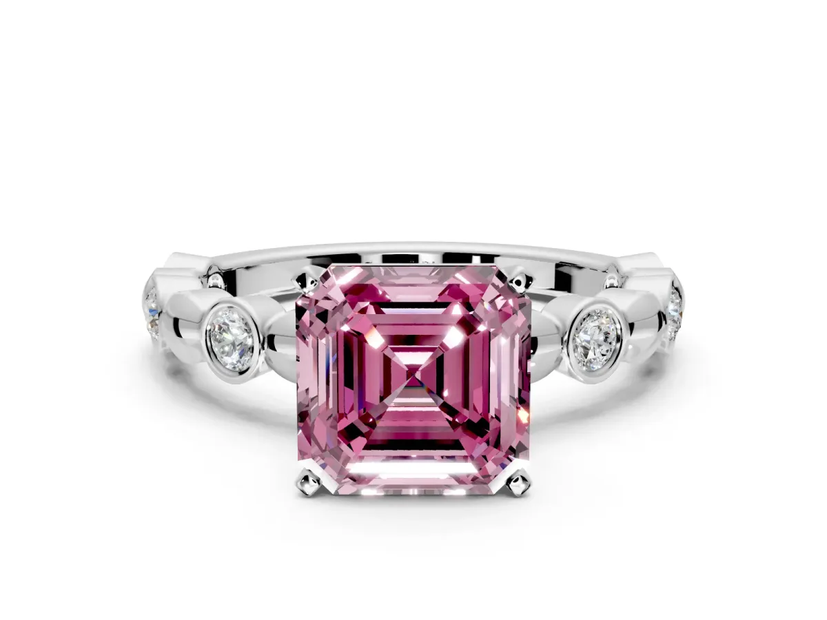 Solitaire Engagement Ring Setting for Fancy Pink Asscher Cut Center with Beaded Bezel Station Band and Prong Head in Sterling Silver
