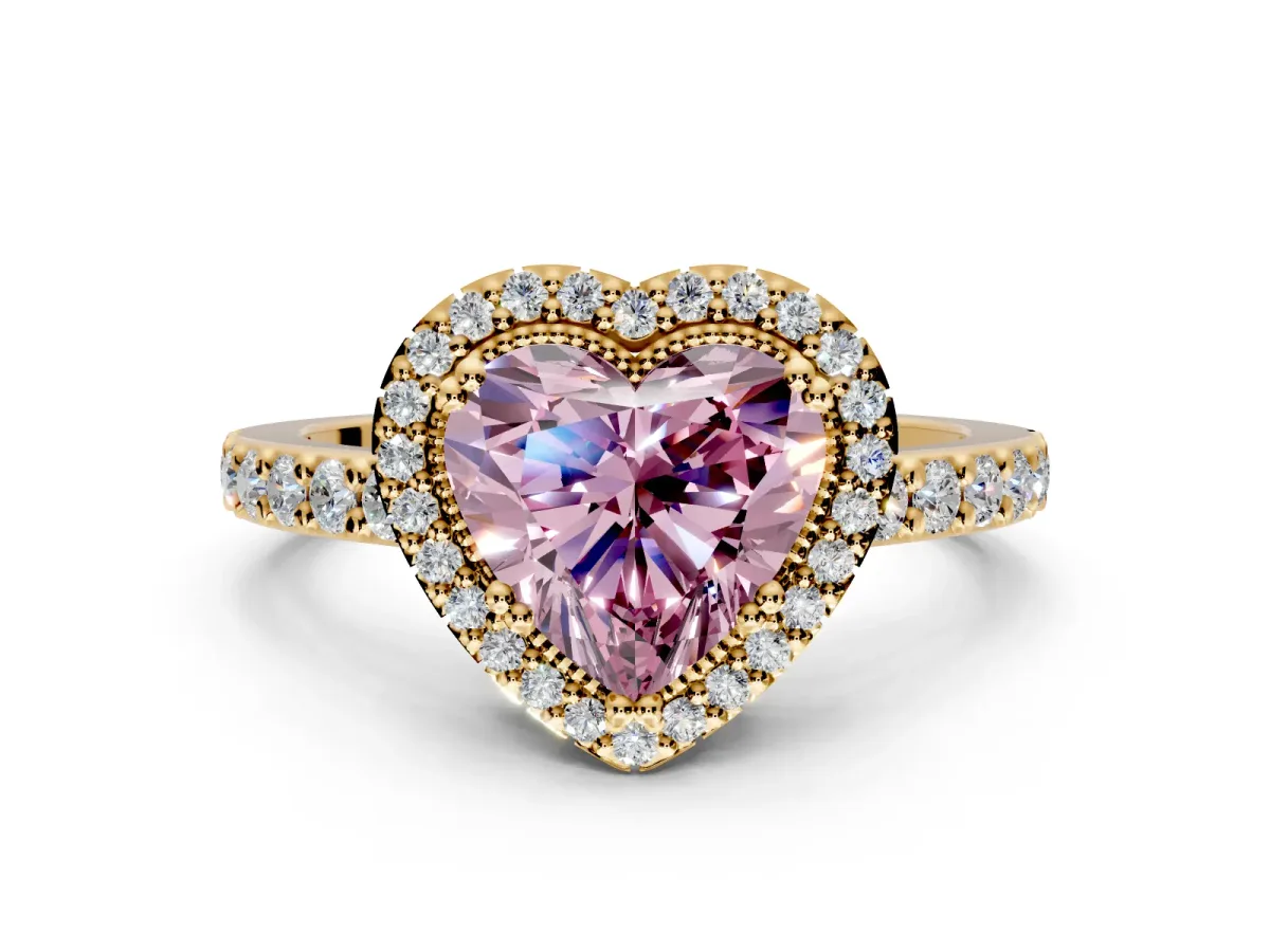 Halo Engagement Ring Setting for Fancy Pink Heart-Shaped Center with Inner Milgrain Border and Prong Head in Yellow Gold