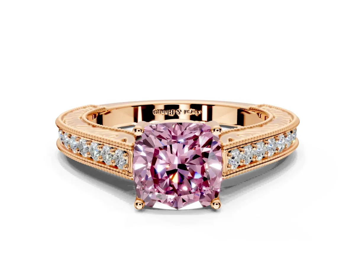 Solitaire Engagement Ring Setting for Fancy Pink Cushion Cut Center with Engraved Pave Band and Prong Head in Rose Gold