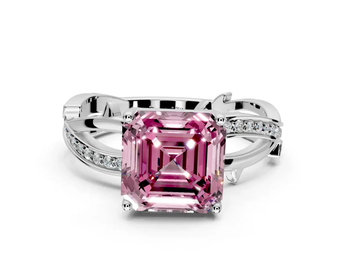 Solitaire Engagement Ring Setting for Fancy Pink Asscher Cut Center with Pave and Plain Crossover Band and Prong Head in Sterling Silver