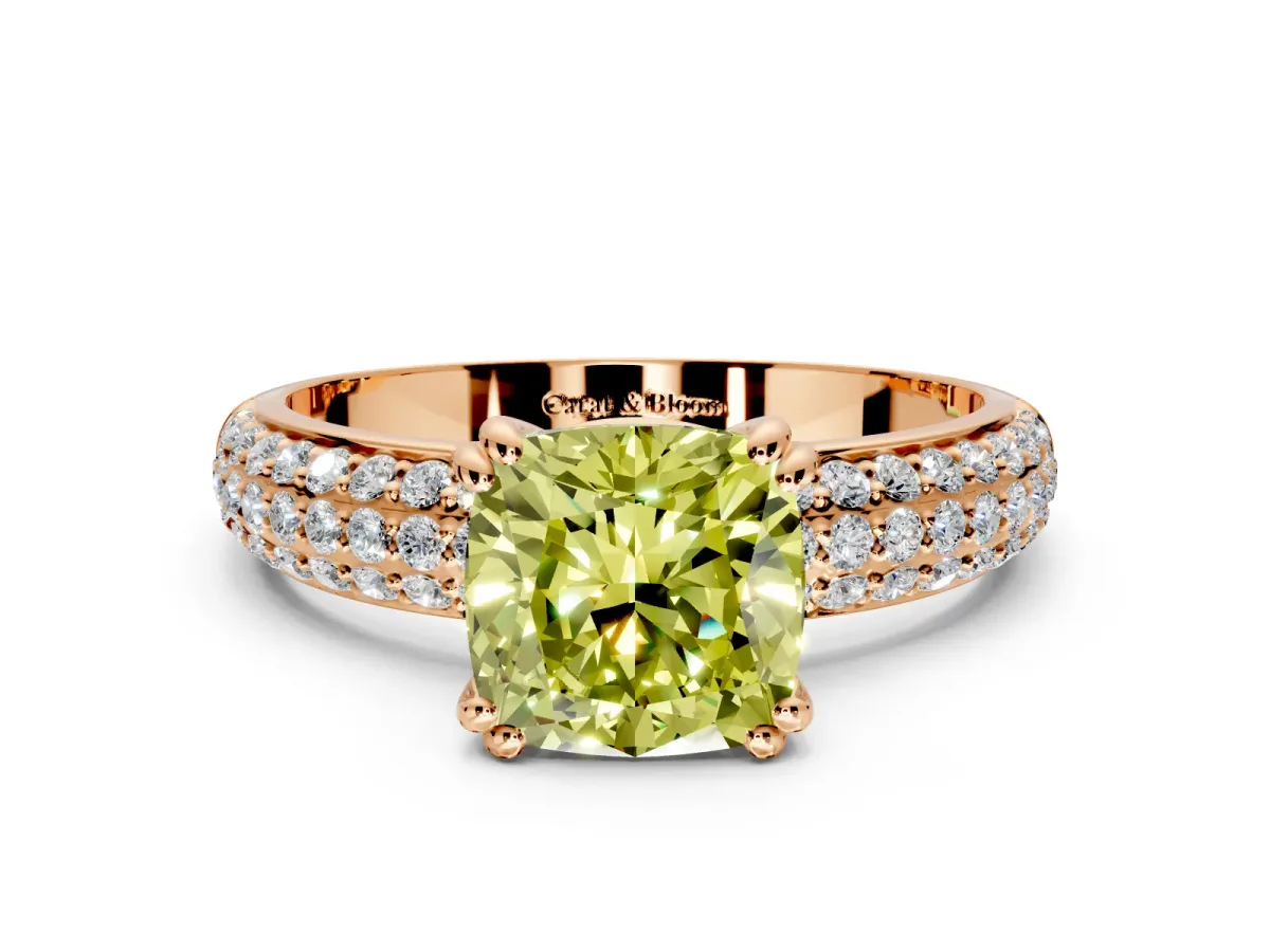Solitaire Engagement Ring Setting for Fancy Yellow Cushion Cut Center with Multi-Row Pave Accents and Basket Head in Rose Gold