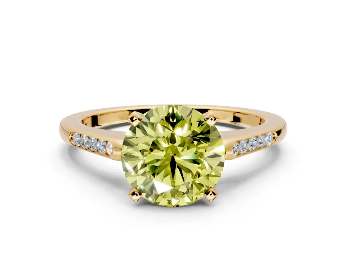 Solitaire Engagement Ring Setting for Fancy Yellow Round Cut Center with Channel Accents and Prong Head in Yellow Gold
